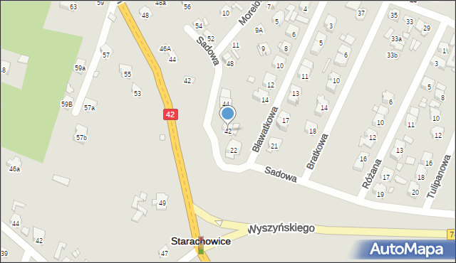 Starachowice, Sadowa, 42, mapa Starachowic