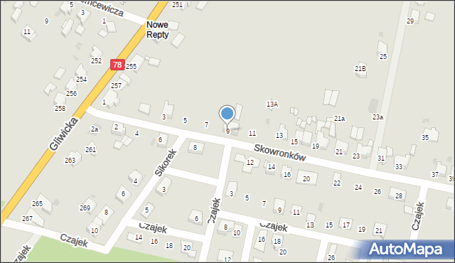 Tarnowskie Góry, Skowronków, 9, mapa Tarnowskie Góry