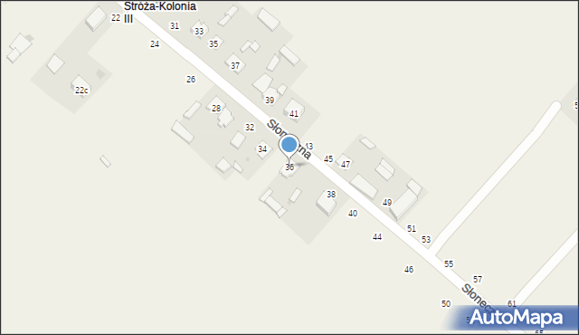 Stróża-Kolonia, Słoneczna, 36, mapa Stróża-Kolonia