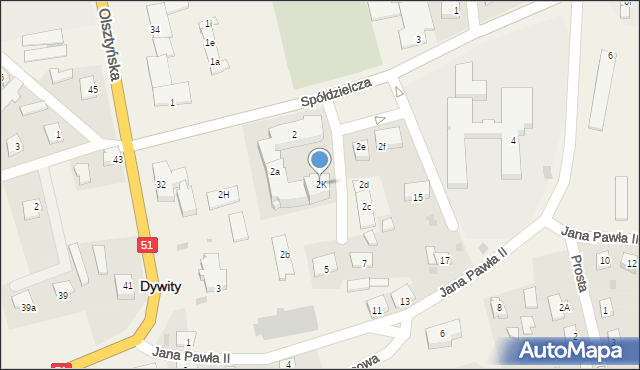 Dywity, Spółdzielcza, 2K, mapa Dywity