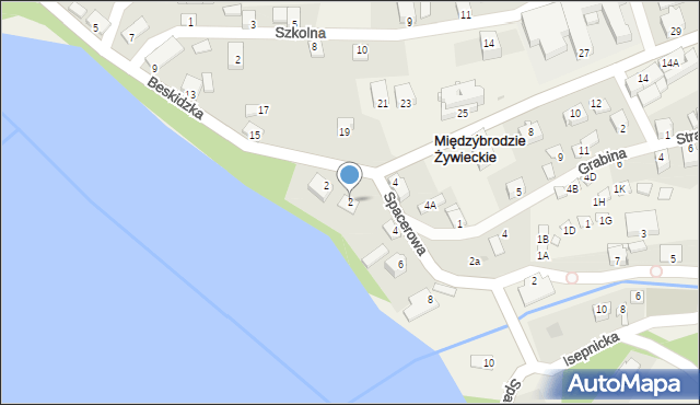 Międzybrodzie Żywieckie, Spacerowa, 2, mapa Międzybrodzie Żywieckie