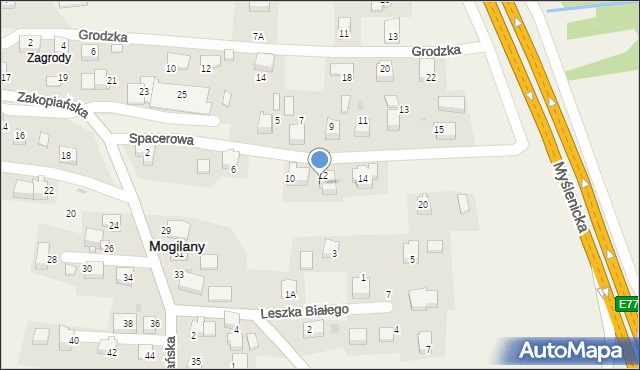 Mogilany, Spacerowa, 8, mapa Mogilany