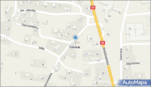 Tomice, Starowiejska, 1, mapa Tomice