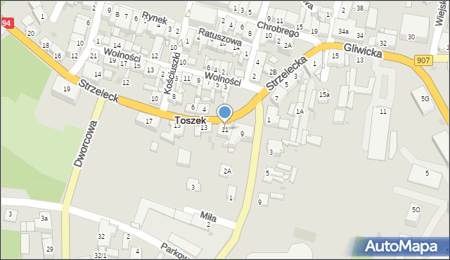 Toszek, Strzelecka, 11, mapa Toszek