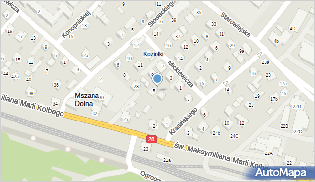 Mszana Dolna, św. Maksymiliana Marii Kolbego, 24a, mapa Mszana Dolna