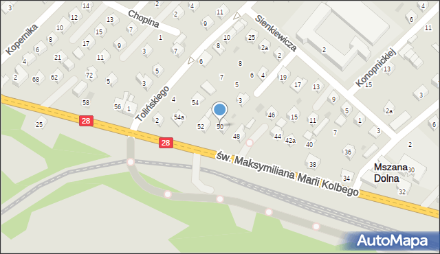Mszana Dolna, św. Maksymiliana Marii Kolbego, 50, mapa Mszana Dolna