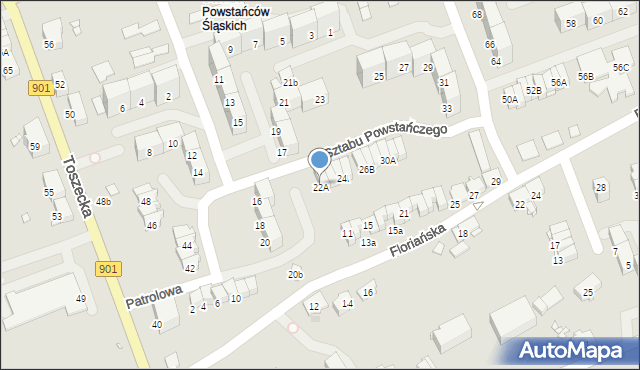 Gliwice, Sztabu Powstańczego, 22A, mapa Gliwic