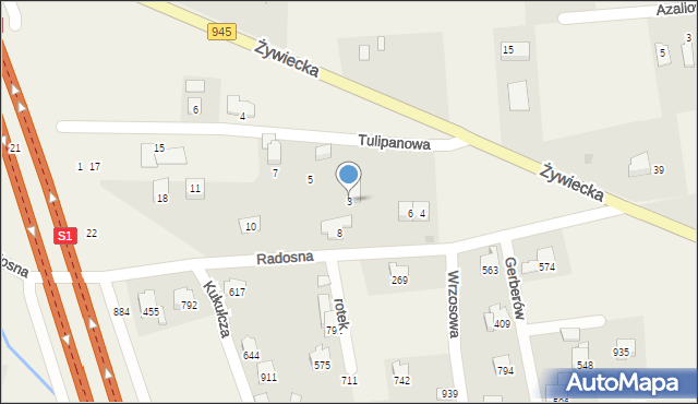 Łodygowice, Tulipanowa, 3, mapa Łodygowice