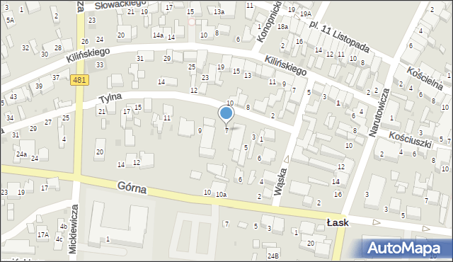Łask, Tylna, 7, mapa Łask