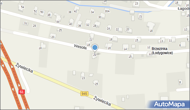 Łodygowice, Wesoła, 21, mapa Łodygowice
