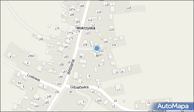 Mokrzyska, Wiślana, 98, mapa Mokrzyska