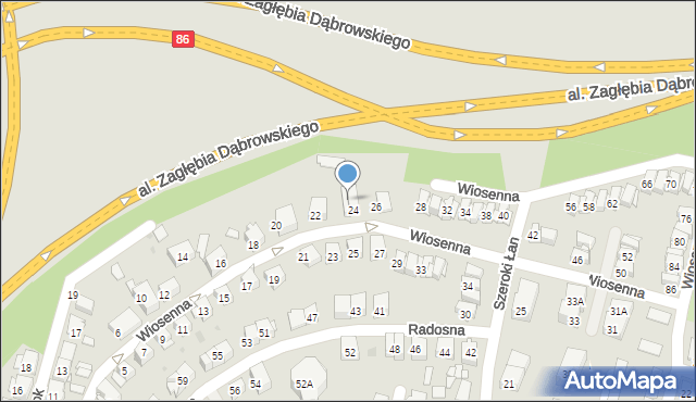 Sosnowiec, Wiosenna, 24A, mapa Sosnowca