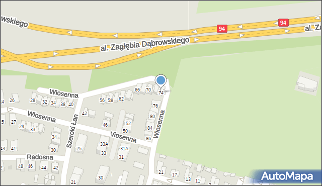 Sosnowiec, Wiosenna, 74, mapa Sosnowca
