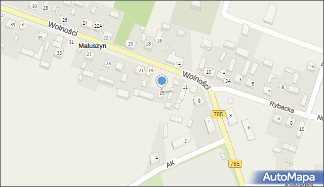 Maluszyn, Wolności, 15, mapa Maluszyn