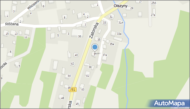 Olszyny, Zatorska, 37, mapa Olszyny