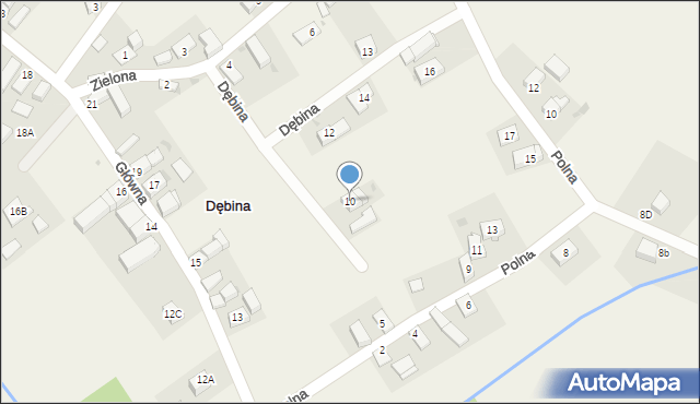 Dębina, Zielona, 10, mapa Dębina