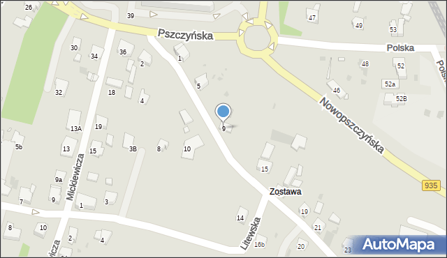 Żory, Zostawa, 9, mapa Żor