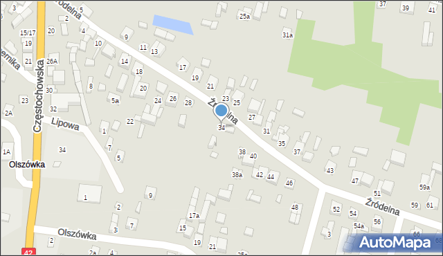 Pajęczno, Źródelna, 34, mapa Pajęczno