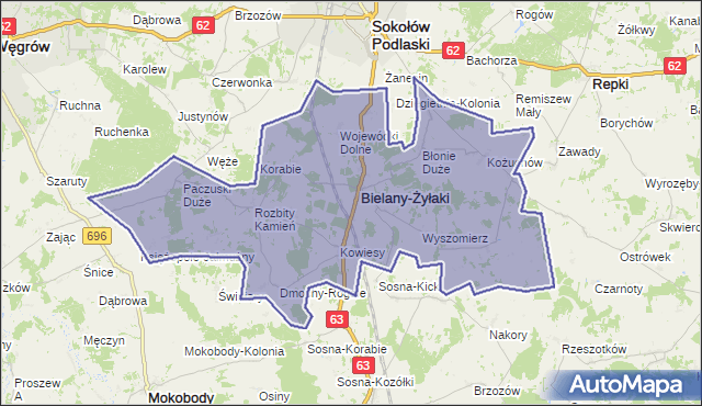 gmina Bielany - powiat sokołowski na mapie Targeo