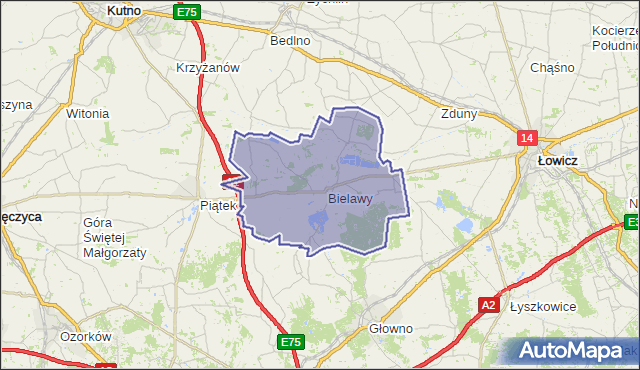 gmina Bielawy - powiat łowicki na mapie Targeo