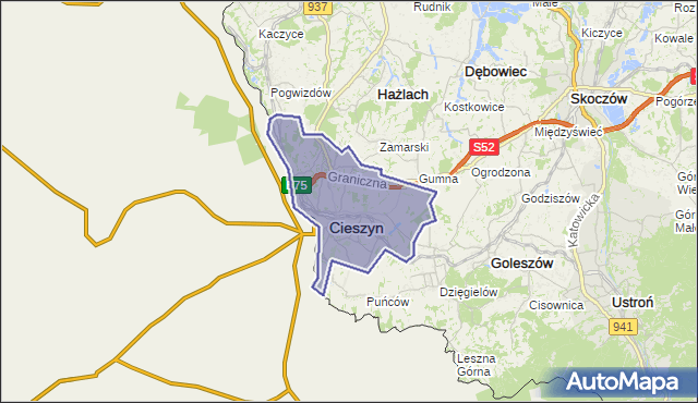 gmina Cieszyn - powiat cieszyński na mapie Targeo