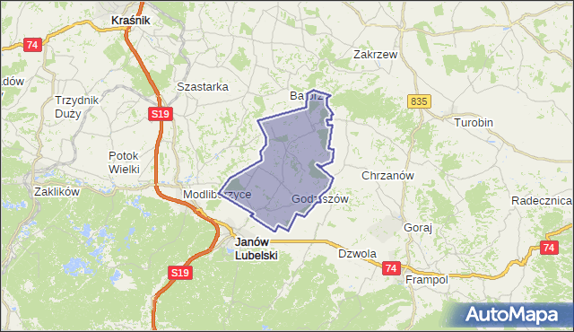 gmina Godziszów - powiat janowski na mapie Targeo