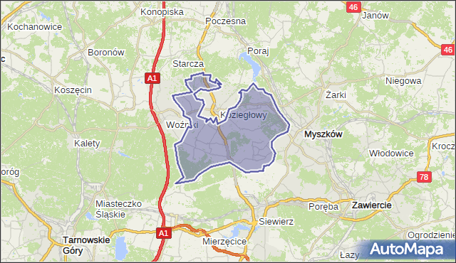 gmina Koziegłowy - powiat myszkowski na mapie Targeo