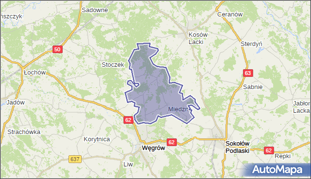 gmina Miedzna - powiat węgrowski na mapie Targeo