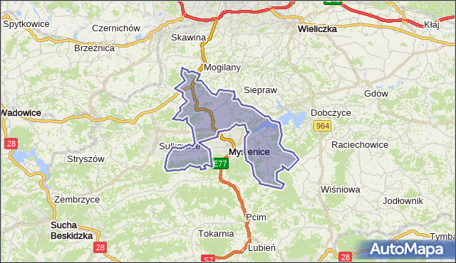 gmina Myślenice - powiat myślenicki na mapie Targeo