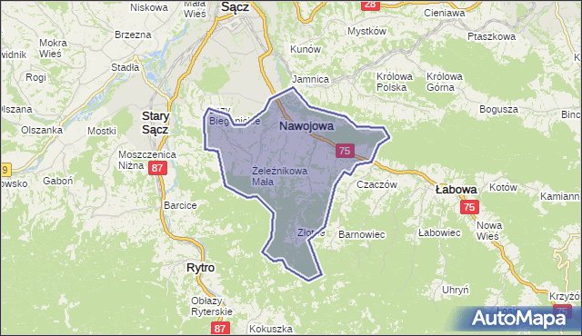gmina Nawojowa - powiat nowosądecki na mapie Targeo