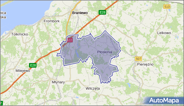 gmina Płoskinia - powiat braniewski na mapie Targeo