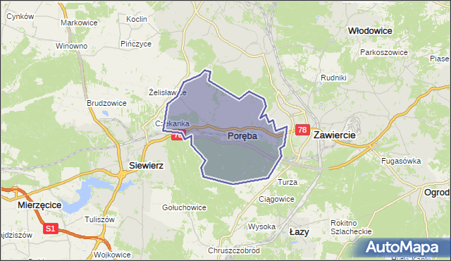 gmina Poręba - powiat zawierciański na mapie Targeo
