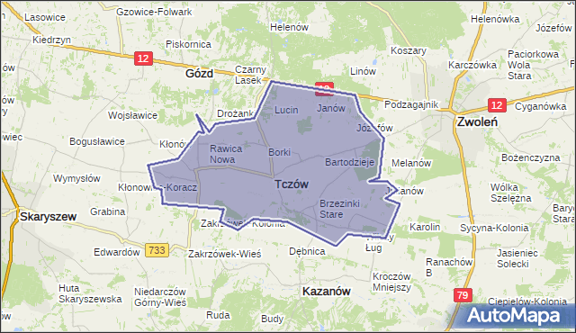gmina Tczów - powiat zwoleński na mapie Targeo