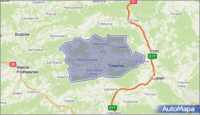 gmina Tokarnia - powiat myślenicki na mapie Targeo