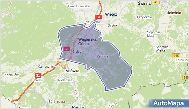 gmina Węgierska Górka - powiat żywiecki na mapie Targeo