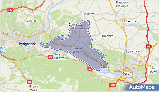 gmina Zławieś Wielka - powiat toruński na mapie Targeo