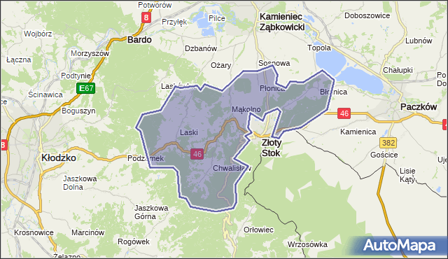 gmina Złoty Stok - powiat ząbkowicki na mapie Targeo
