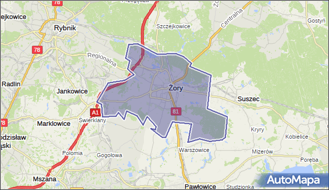 gmina Żory - powiat Żory na mapie Targeo