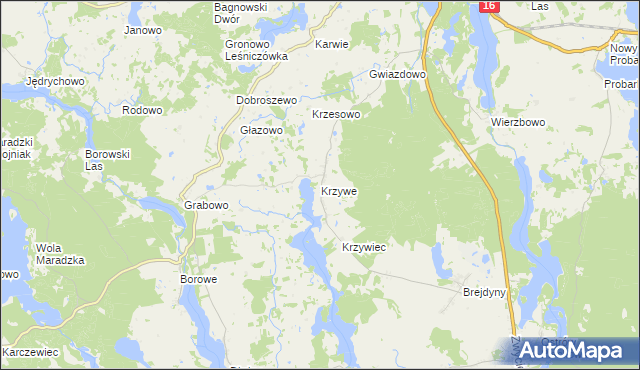 mapa Krzywe gmina Mrągowo, Krzywe gmina Mrągowo na mapie Targeo