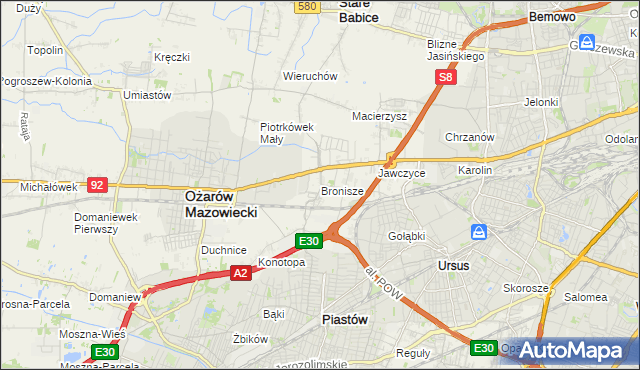 mapa Bronisze gmina Ożarów Mazowiecki, Bronisze gmina Ożarów Mazowiecki na mapie Targeo