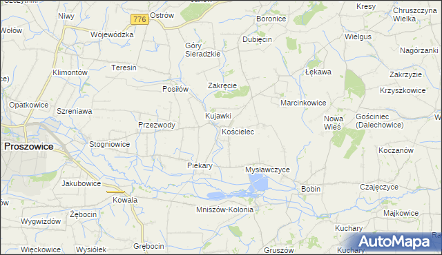 mapa Kościelec gmina Proszowice, Kościelec gmina Proszowice na mapie Targeo