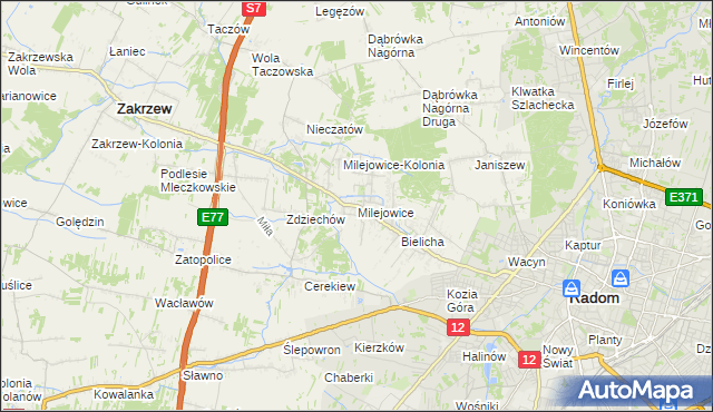 mapa Milejowice gmina Zakrzew, Milejowice gmina Zakrzew na mapie Targeo