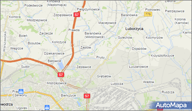 mapa Prusy gmina Kocmyrzów-Luborzyca, Prusy gmina Kocmyrzów-Luborzyca na mapie Targeo