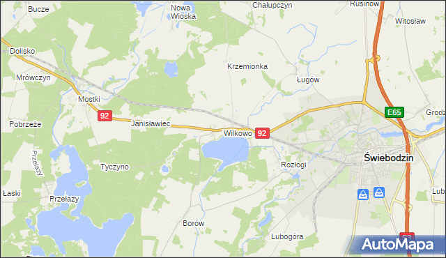 mapa Wilkowo gmina Świebodzin, Wilkowo gmina Świebodzin na mapie Targeo