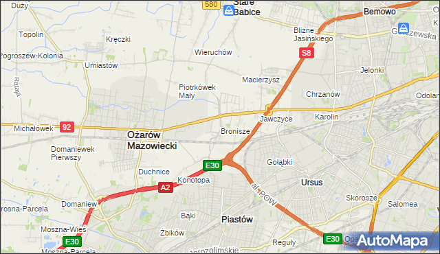 mapa Bronisze gmina Ożarów Mazowiecki, Bronisze gmina Ożarów Mazowiecki na mapie Targeo