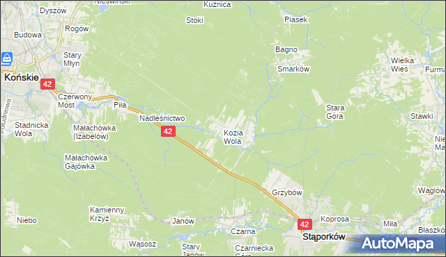 mapa Kozia Wola gmina Stąporków, Kozia Wola gmina Stąporków na mapie Targeo