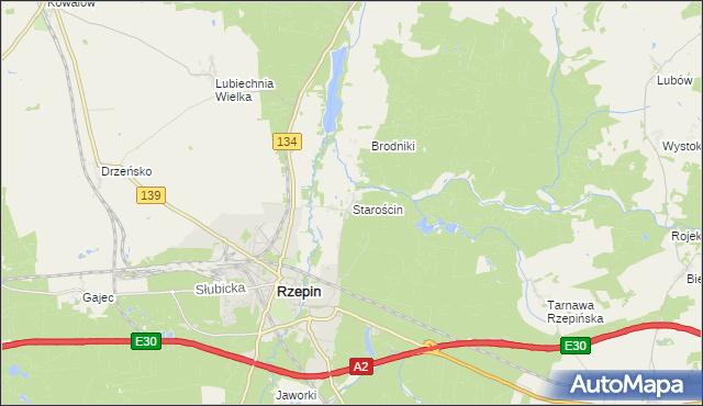 mapa Starościn gmina Rzepin, Starościn gmina Rzepin na mapie Targeo