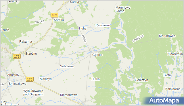 mapa Gębice gmina Czarnków, Gębice gmina Czarnków na mapie Targeo