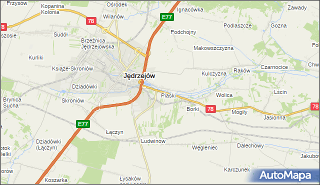 mapa Piaski gmina Jędrzejów, Piaski gmina Jędrzejów na mapie Targeo