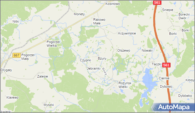 mapa Bzury gmina Prostki, Bzury gmina Prostki na mapie Targeo